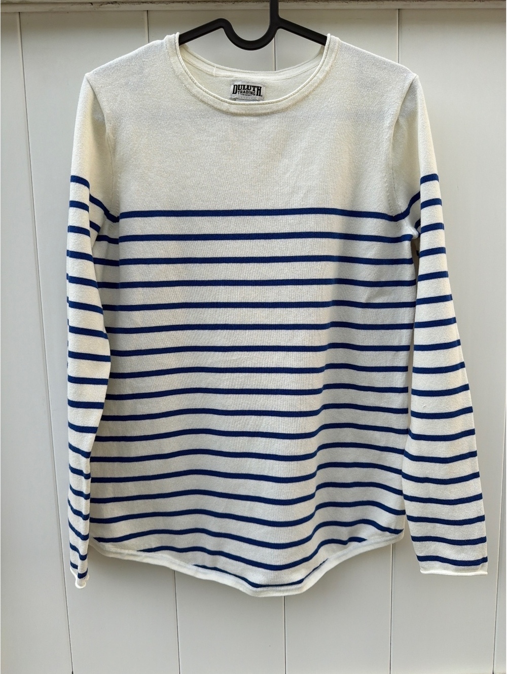 Duluth Trading Women's XS White Blue Striped Crew Neck Sweater - Picture 2 of 8